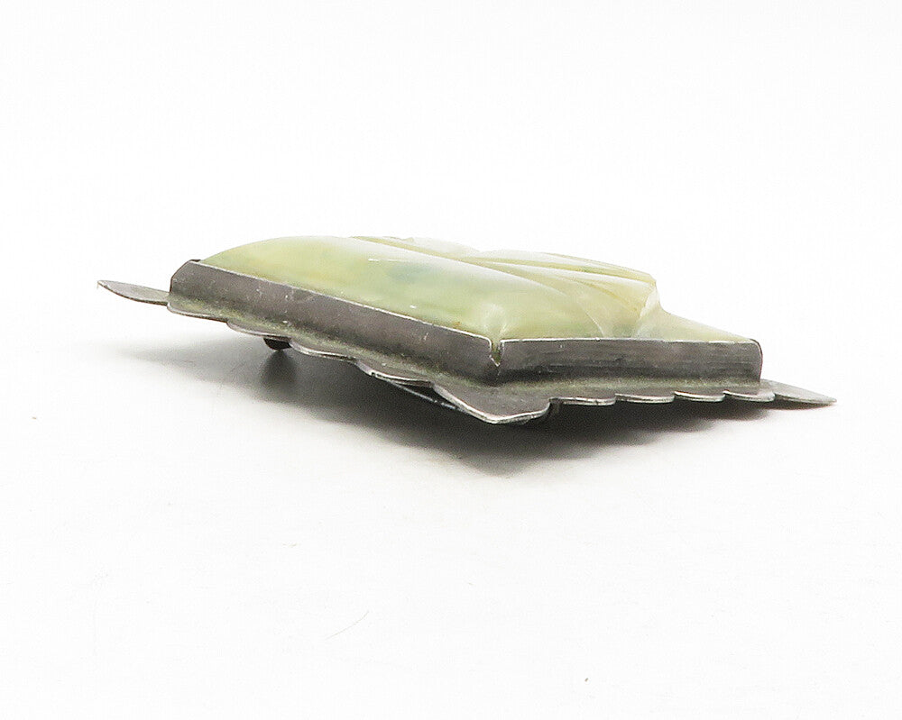 MEXICO 925 Sterling Silver  Vintage Jade Carved Face Square Brooch Pin  BP4680