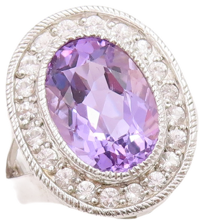 925 Sterling Silver Vintage Ring Oval Amethyst Halo CZ Frame  Sz 7  RG30975