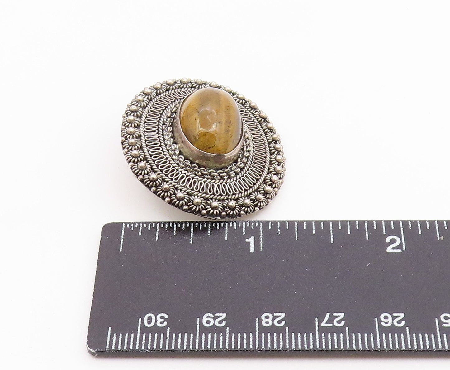 ISRAEL 925 Sterling Silver  Vintage Cabochon Tiger's Eye Brooch Pin  BP7901