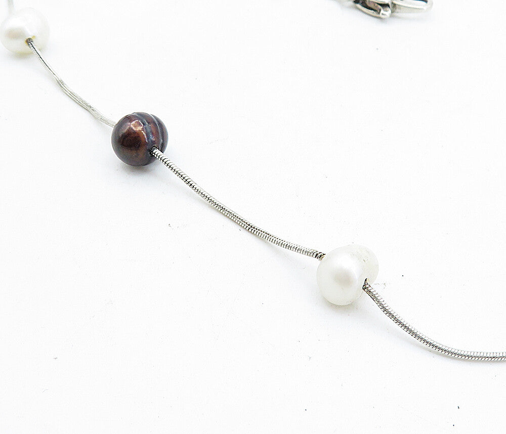 925 Sterling Silver  Vintage Pearls Love Heart Snake Chain Necklace  NE1092