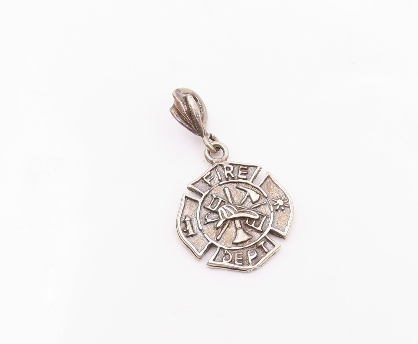 925 Sterling Silver  Vintage Fire Department Badge Medal Pendant  PT21123