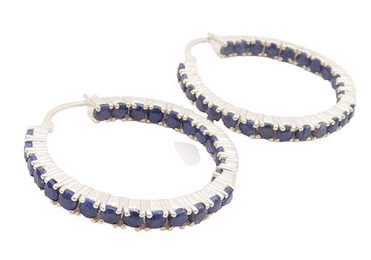 925 Sterling Silver Vintage Earrings Minimalist Sapphire Inlay Hoops  EG13155