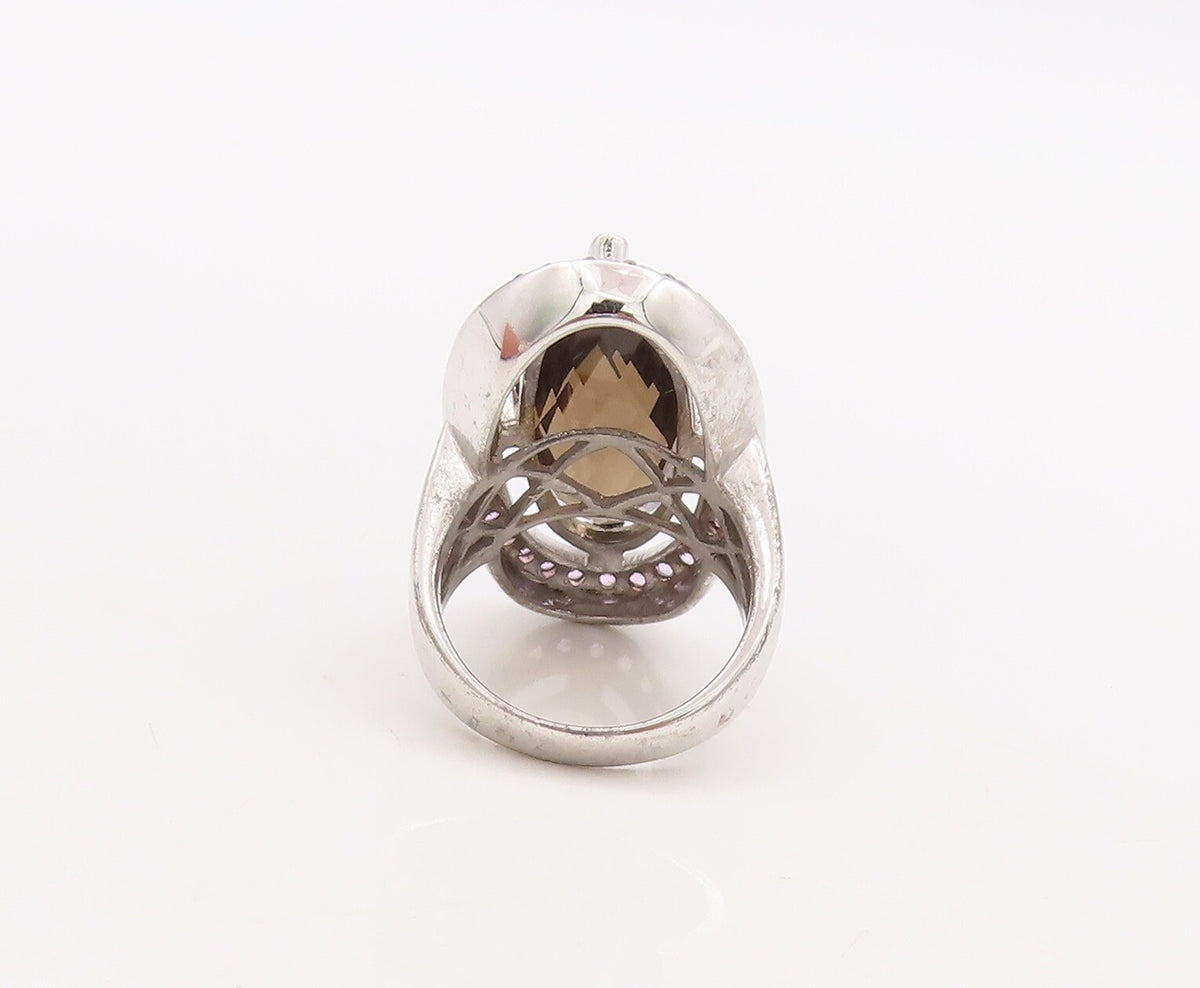 925 Sterling Silver Vintage Ring Pink CZ & Oval Cut Smoky Quartz Sz 7  RG29841