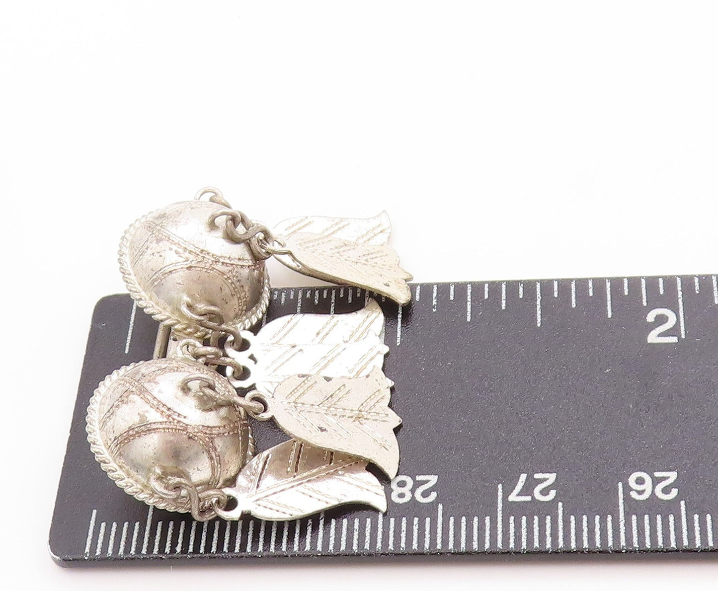 925 Sterling Silver Vintage Brooch Etched Geometric Spheres With Dangles BP11928