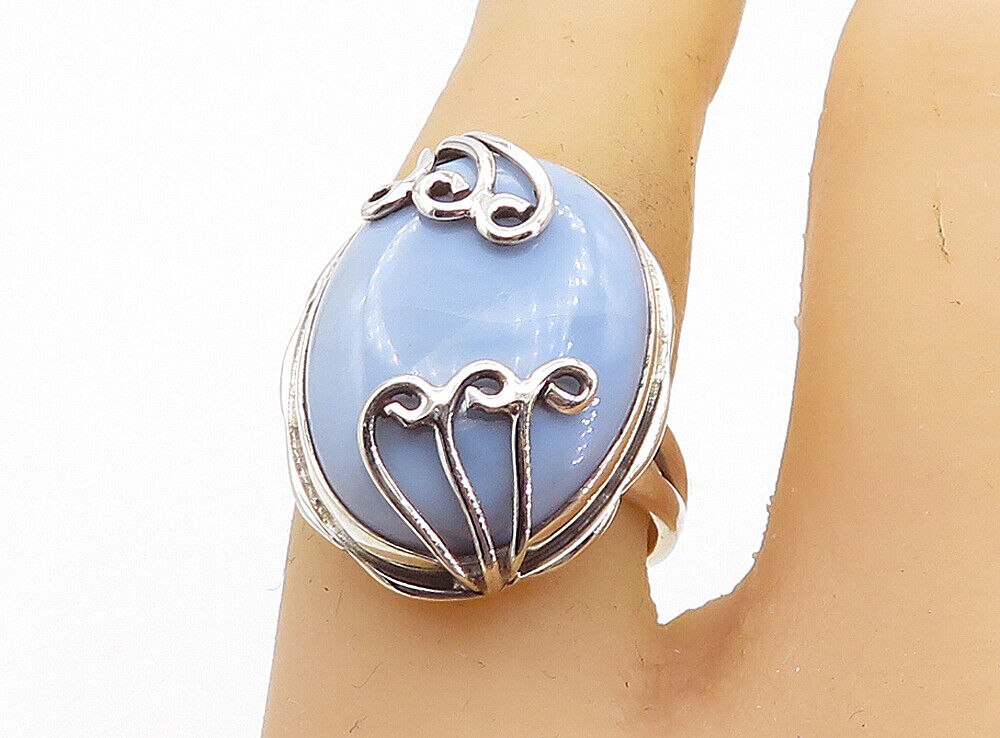 925 Sterling Silver  Cabochon Cut Blue Agate Swirl Cocktail Ring Sz 7  RG8512