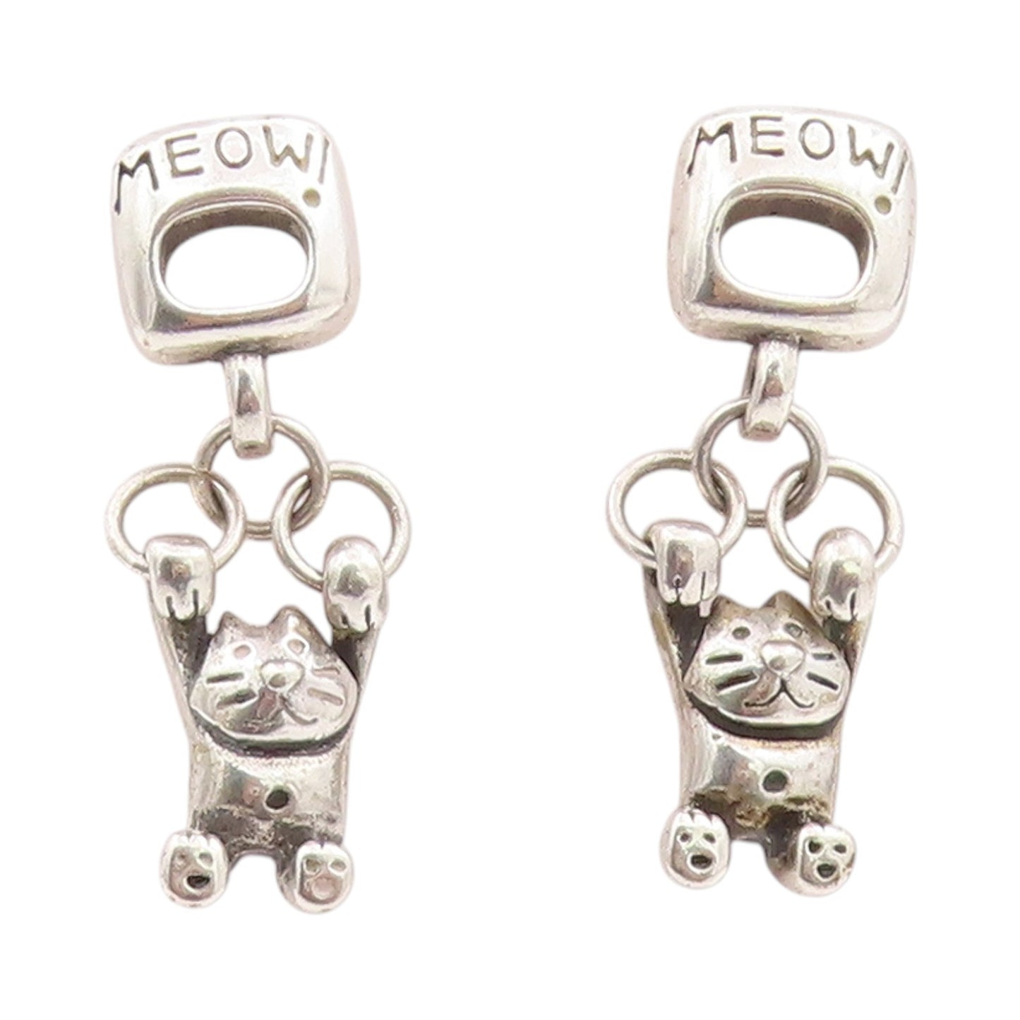 925 Sterling Silver Vintage Earrings Hanging Meow Cat Companion Dangles  EG13687