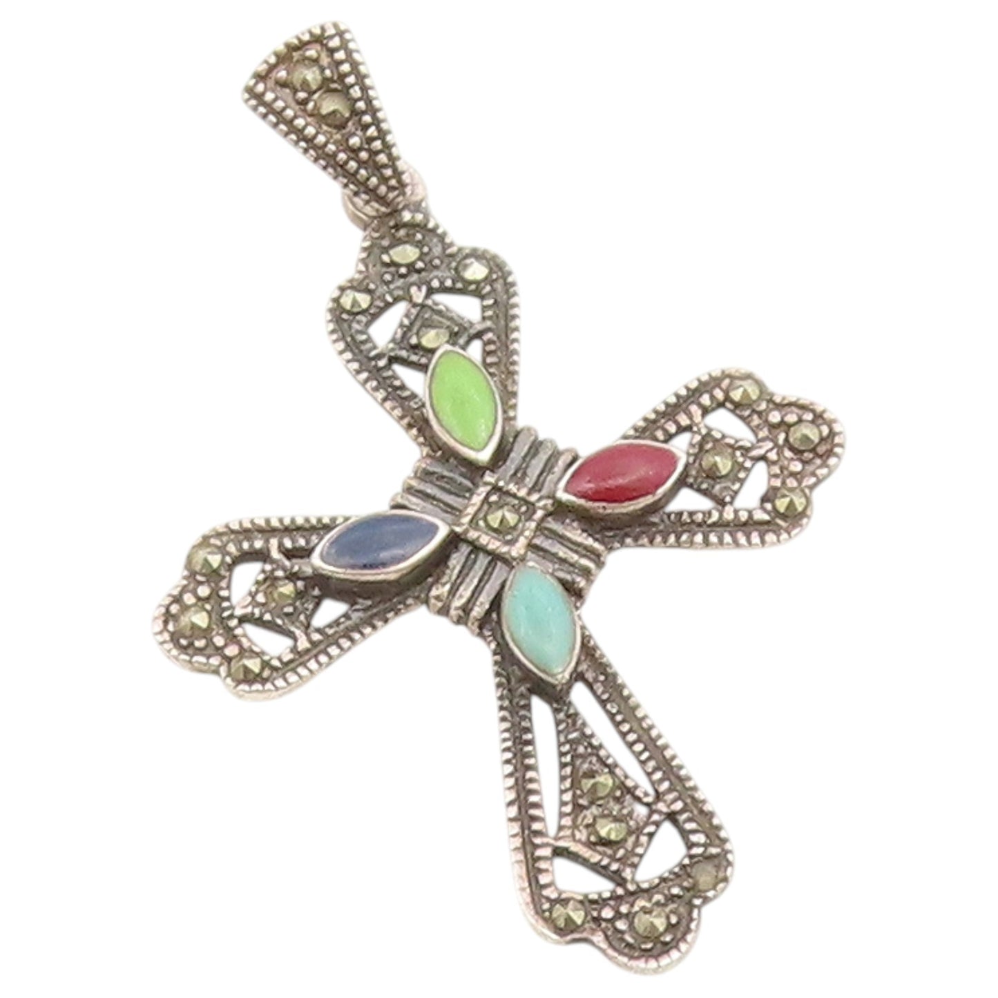 925 Sterling Silver Vintage Pendant Multi Gemstone Religious Cross Charm PT26562
