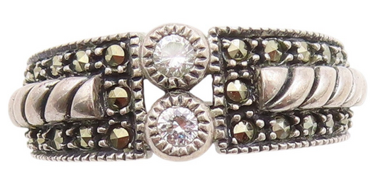 925 Sterling Silver Vintage Ring JUDITH JACK CZ & Marcasite Band  Sz 7  RG33568