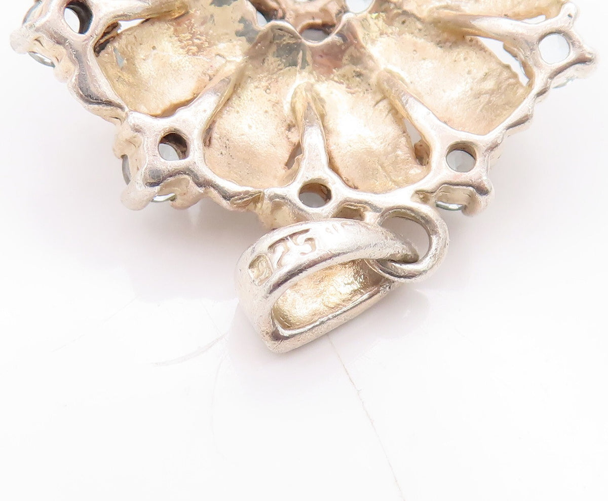 925 Sterling Silver Vintage Pendant Floral Carved Blue CZ Inlay  PT23299