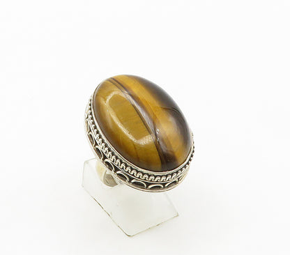 925 Silver  Vintage Cabochon Tiger's Eye Swirl Cocktail Ring Sz 7.5  RG16398