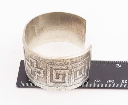 925 Sterling Silver Vintage Bracelet NAVAJO Geometric Pattern Wide Cuff  BT11945