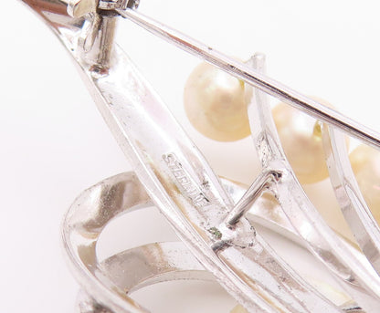 925 Sterling Silver Vintage Brooch Pin Elegant Pearl Swirly Floral Leaf  BP12361
