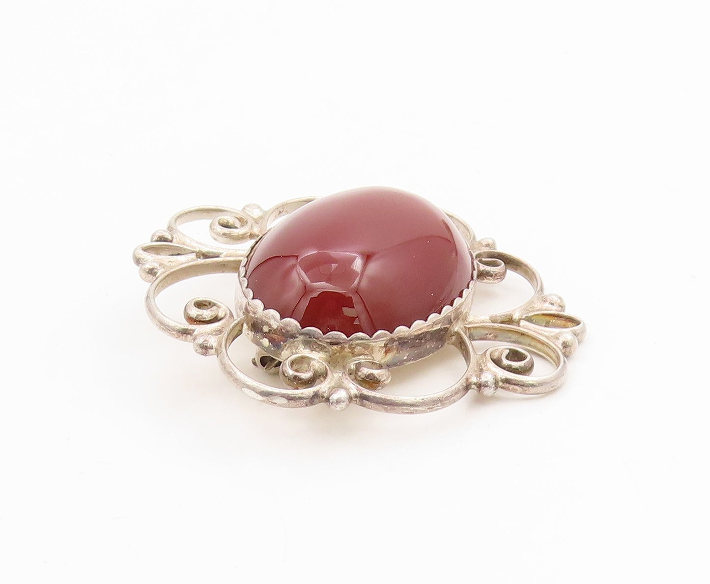 925 Sterling Silver Vintage Brooch POLAND Cabochon Carnelian Scrollwork  BP12135