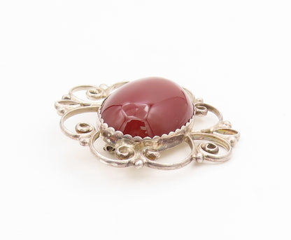 925 Sterling Silver Vintage Brooch POLAND Cabochon Carnelian Scrollwork  BP12135
