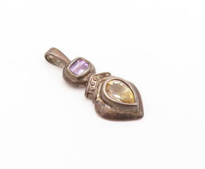 925 Sterling Silver Vintage Pendant Dark Tone Carved Amethyst & Citrine  PT23597