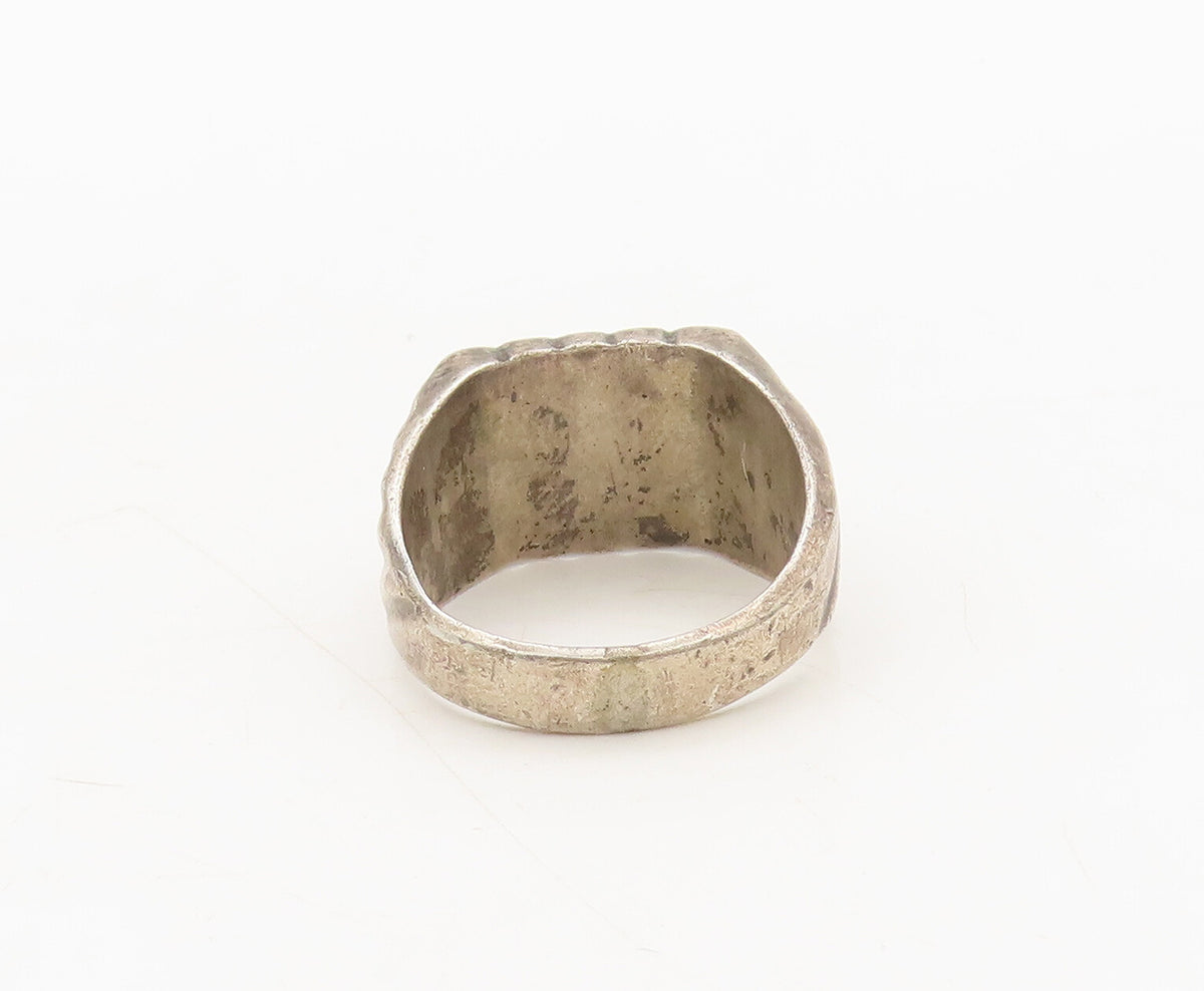 925 Silver Vintage Ring Antique Carved Band Solid Square Top Sz 10  RG27570