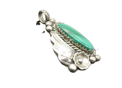 CALVIN DESSON NAVAJO 925 Silver  Vintage Malachite Floral Leaf Pendant  PT7335