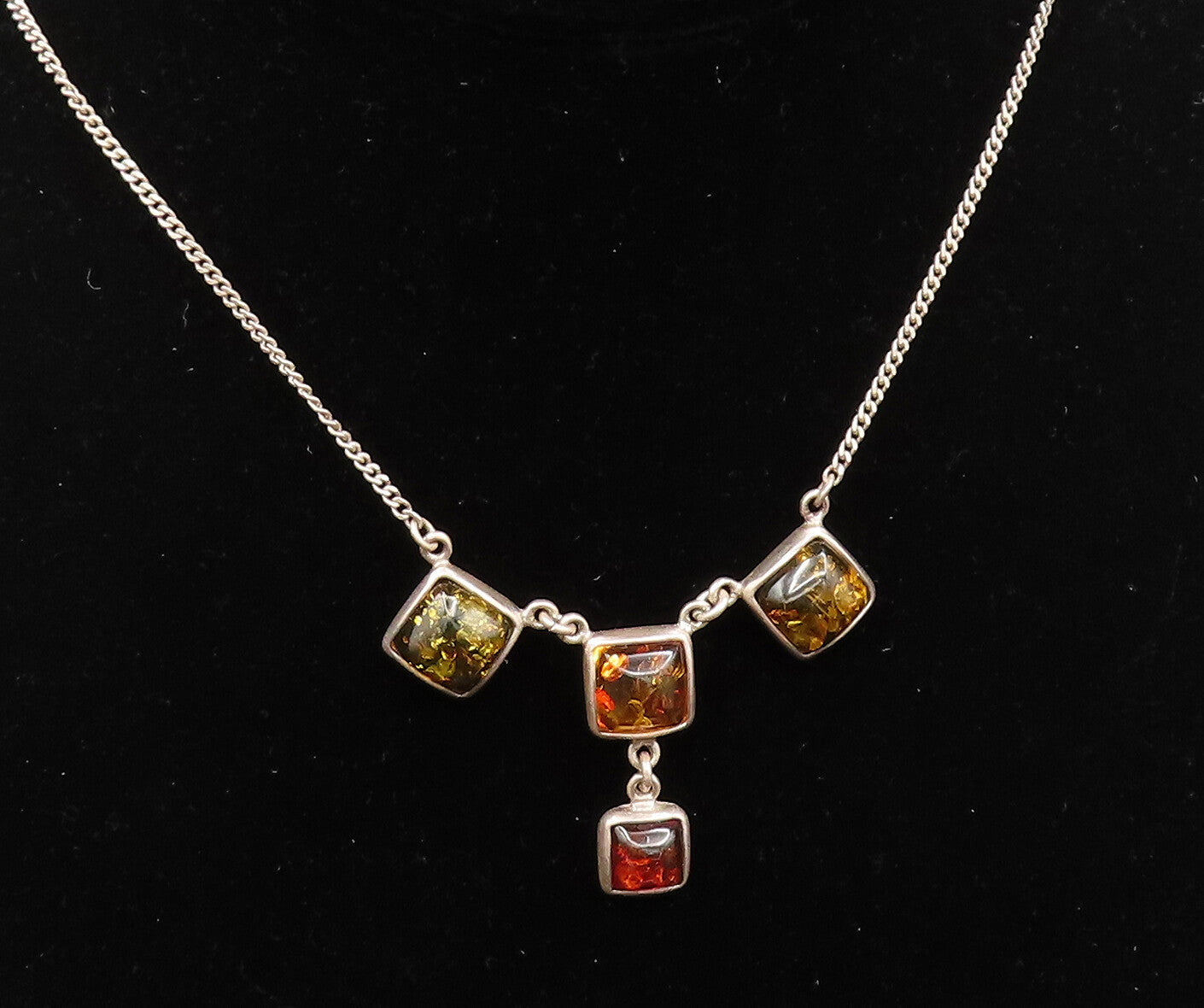 925 Sterling Silver  Vintage Cabochon Square Amber Y Drop Necklace  NE3953