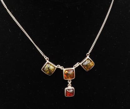 925 Sterling Silver  Vintage Cabochon Square Amber Y Drop Necklace  NE3953