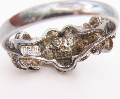 925 Sterling Silver Vintage Ring CZ Carved Floral Statement Band  Sz 7  RG34461