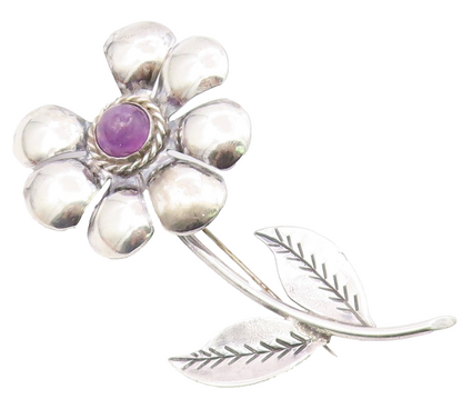 MEXICO 925 Silver  Vintage Amethyst Loves Me Loves Me Not Brooch Pin  BP3288