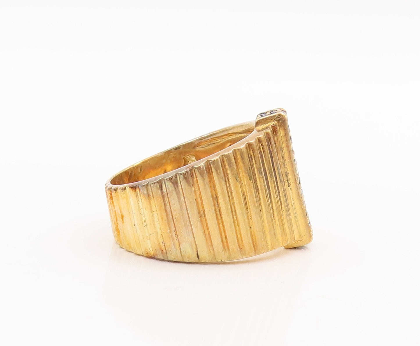 925 Sterling Silver Vintage Ring Gold Plated Fence Grooved Spinel Sz 7.5 RG29622