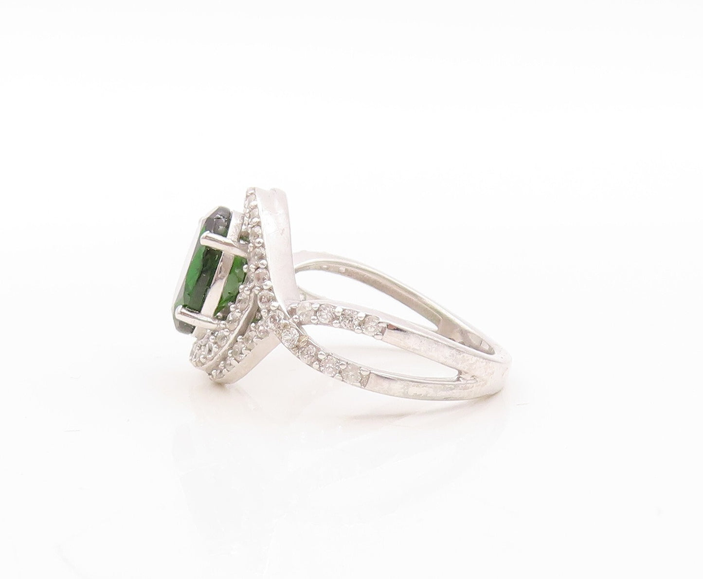 925 Sterling Silver Vintage Ring Designer Green Halo White CZ  Sz 8.5  RG30869