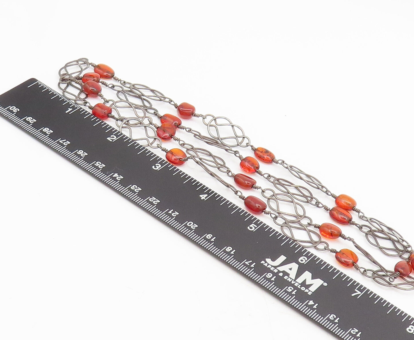 925 Sterling Silver  Vintage Swirly Stencil Cut Amber Beaded Necklace  NE4219