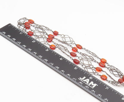 925 Sterling Silver  Vintage Swirly Stencil Cut Amber Beaded Necklace  NE4219