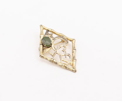 925 Sterling Silver Vintage Brooch Pin WELLS Swirly Carved Gemstone  BP10902