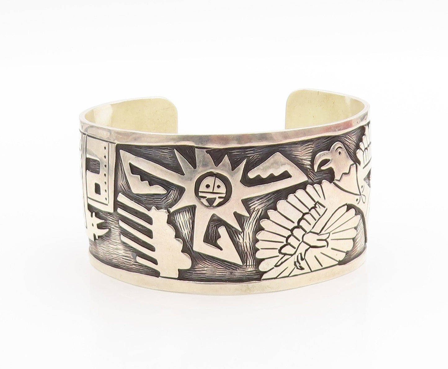925 Sterling Silver Vintage Bracelet Carved Sun God & Eagle Wide Cuff  BT11809