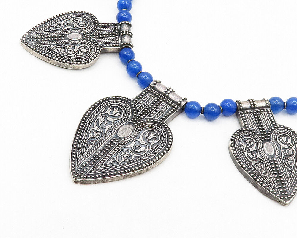 URARTU 925 Silver  Vintage Floral Love Heart Blue Stone Beaded Necklace NE3263