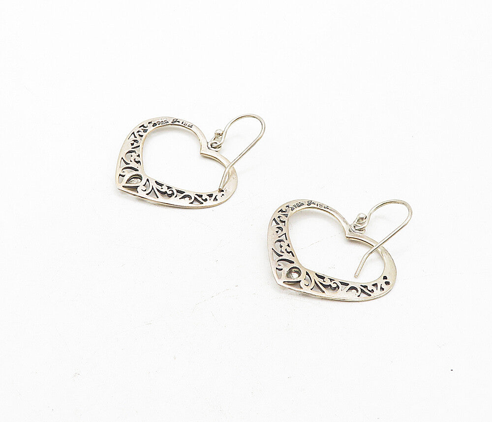 925 Silver & 18K GOLD  Vintage Two Tone Open Love Heart Drop Earrings  EG3865