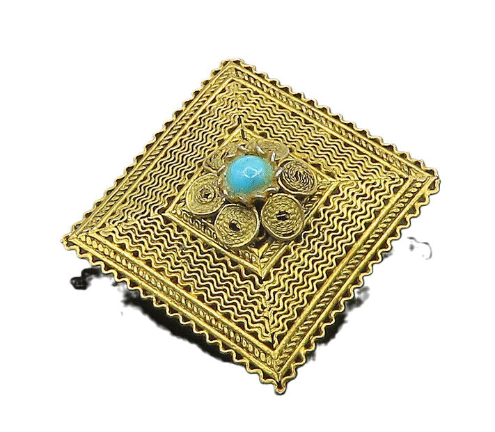 925 Sterling Silver  Vintage Turquoise Floral Design Square Brooch Pin  BP7486