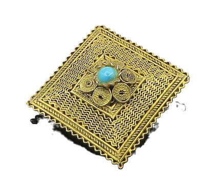 925 Sterling Silver  Vintage Turquoise Floral Design Square Brooch Pin  BP7486