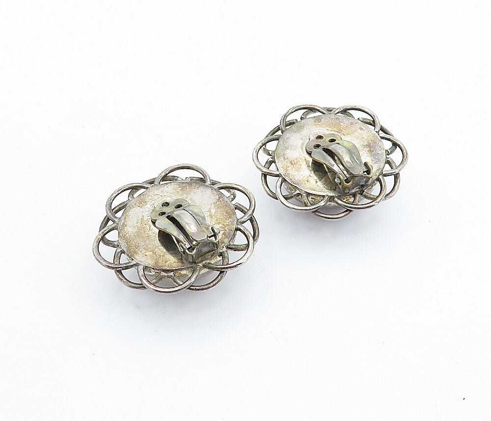 MEXICO 925 Sterling Silver  Vintage Floral Dome Non Pierce Earrings  EG2801