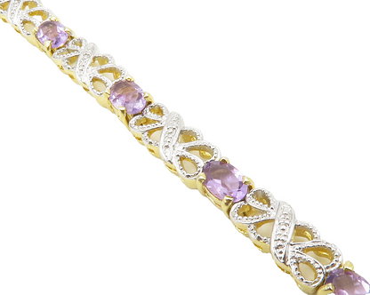 925 Sterling Silver Genuine Diamonds & Amethyst Two Tone Chain Bracelet  BT5120
