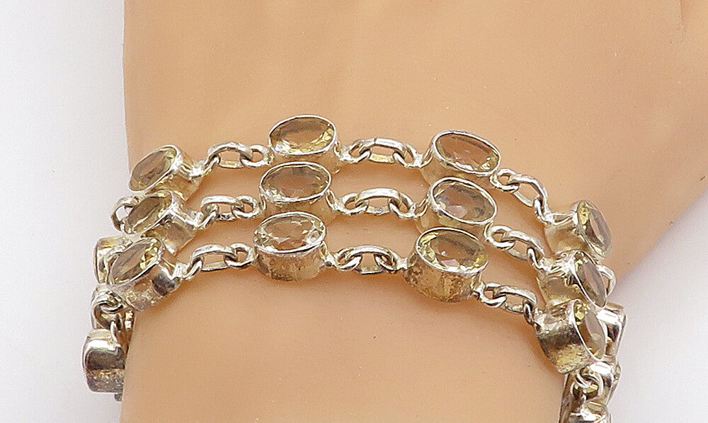 925 Sterling Silver  Vintage Yellow Topaz Three Row Chain Bracelet  BT3150