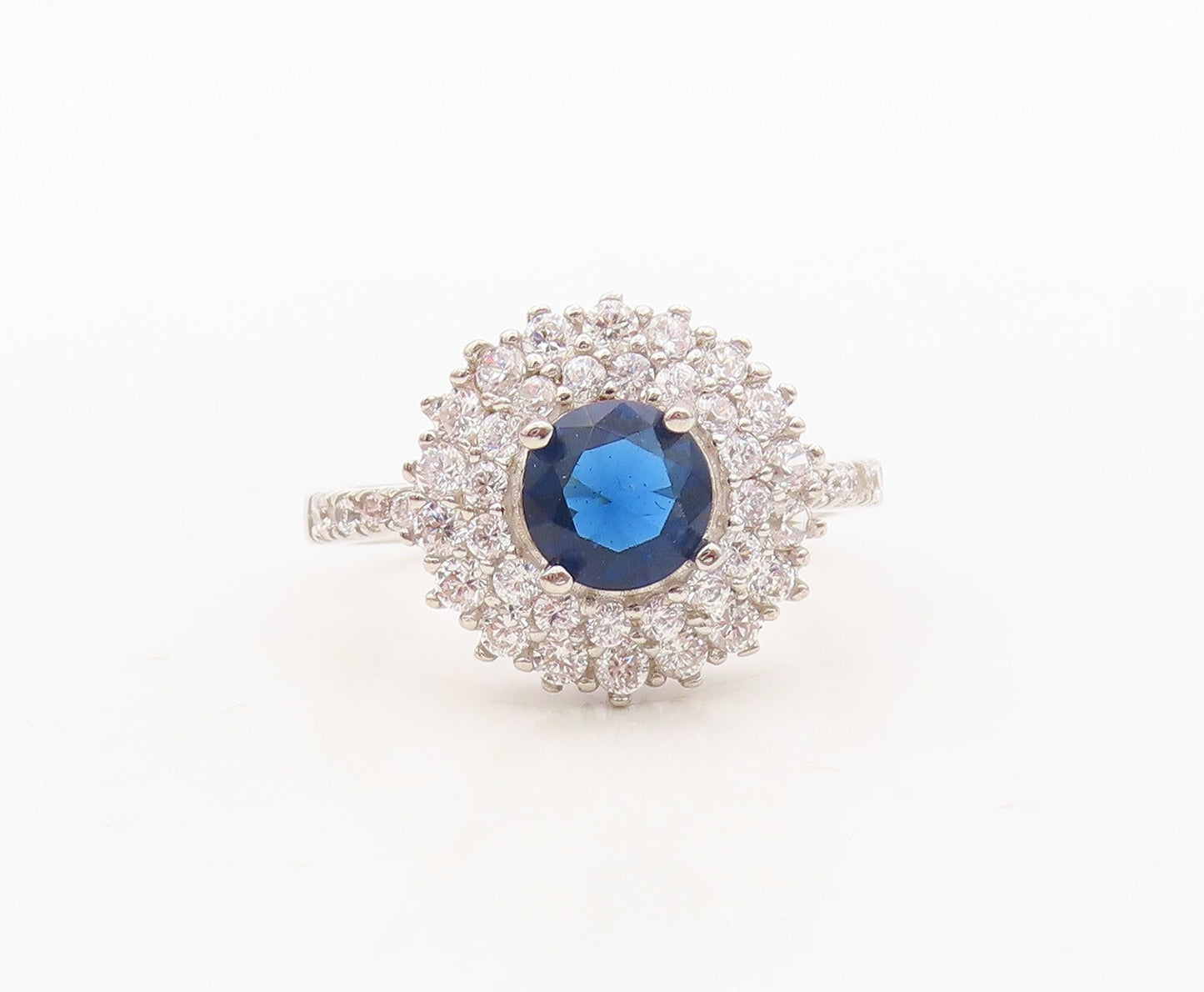 925 Sterling Silver Vintage Ring Round Sapphire Halo CZ Inlay  Sz 7  RG30346
