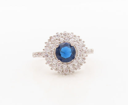 925 Sterling Silver Vintage Ring Round Sapphire Halo CZ Inlay  Sz 7  RG30346