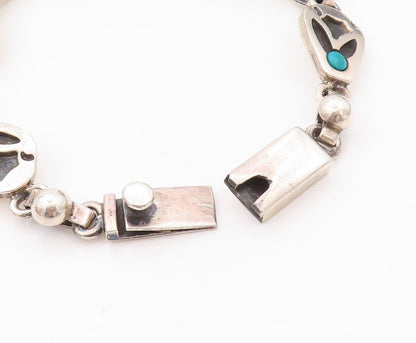 925 Sterling Silver Vintage Bracelet MEXICO Turquoise Flower Carved  BT11083
