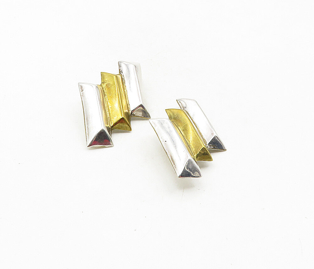 MEXICO 925 Silver  Vintage Shiny 2 Tone Modernist Non Pierce Earrings  EG4790