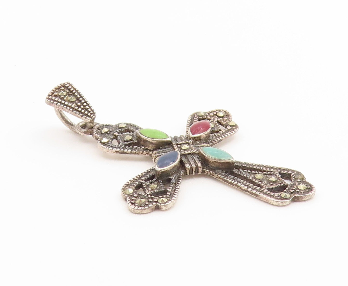 925 Sterling Silver Vintage Pendant Multi Gemstone Religious Cross Charm PT26562