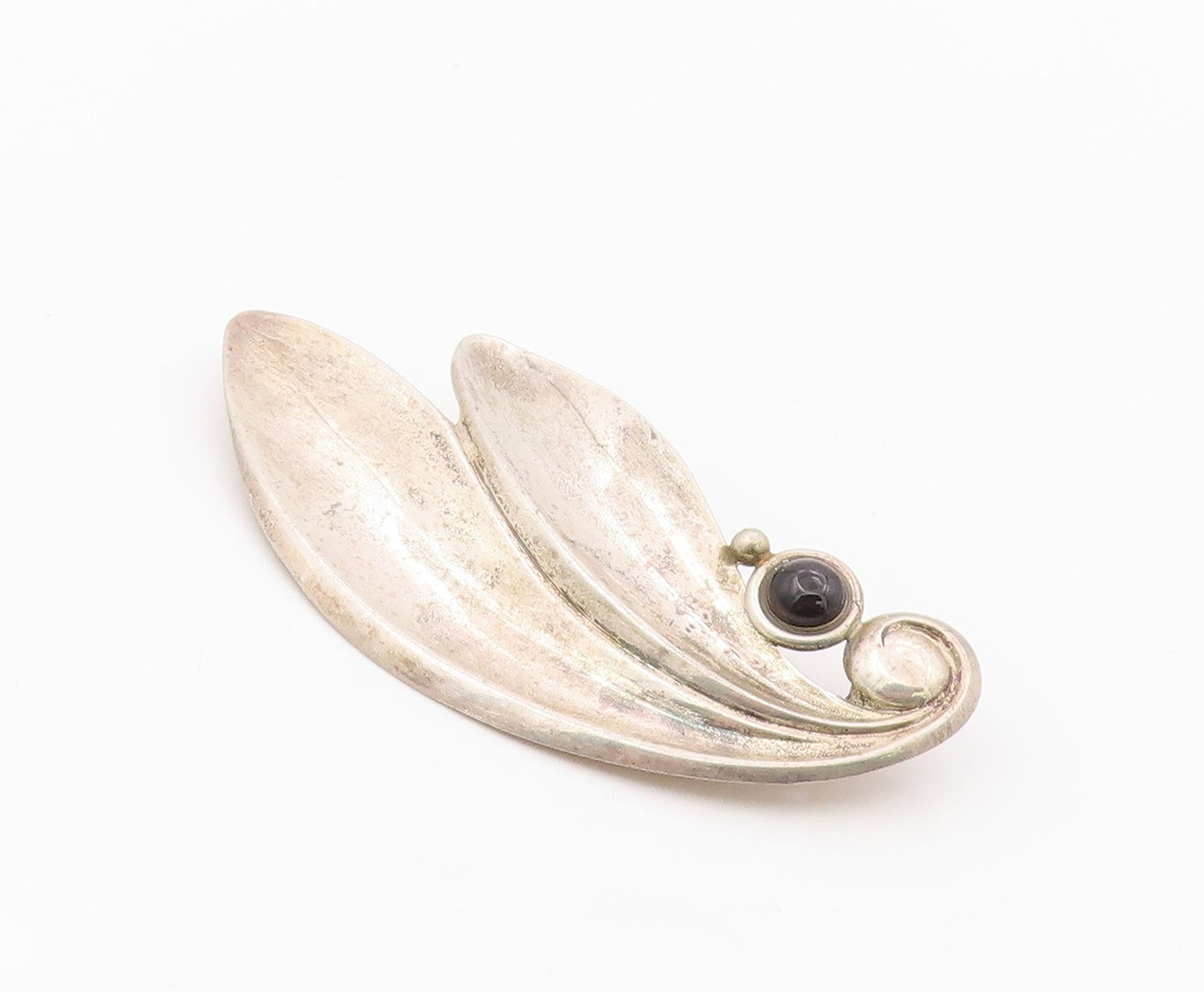 925 Sterling Silver Vintage Brooch Pin Onyx Modernist Sculptural Leaf  BP12574