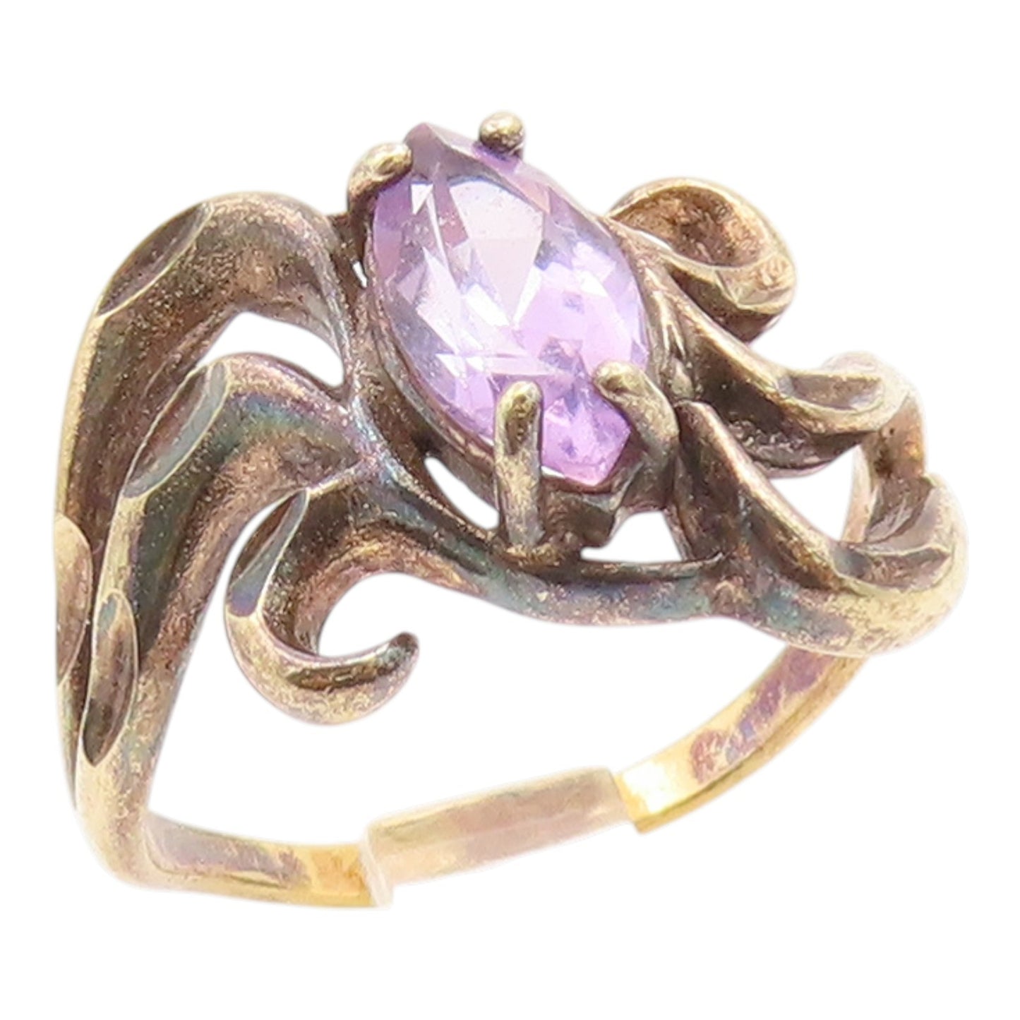 925 Sterling Silver Vintage Ring Gold Plated Marquise Cut Amethyst Sz 7 RG35887