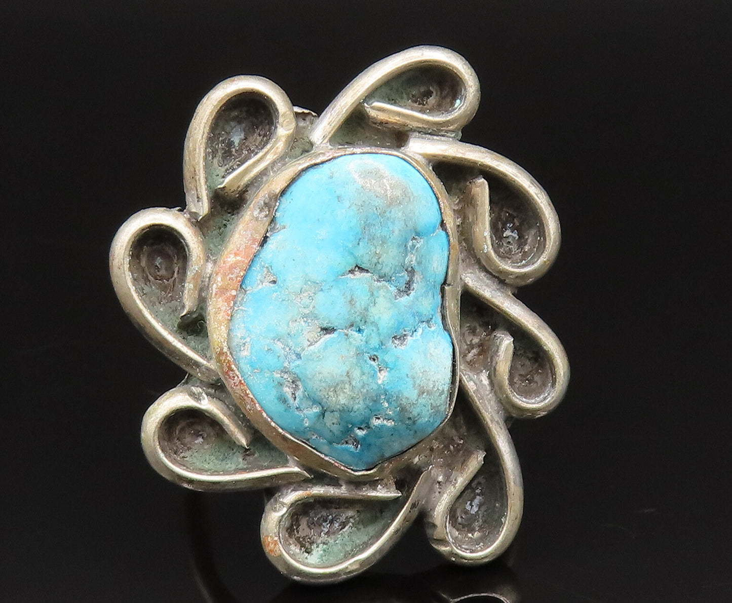 925 Silver Vintage Turquoise Spiral Flower Ring Sz 11 RG25430