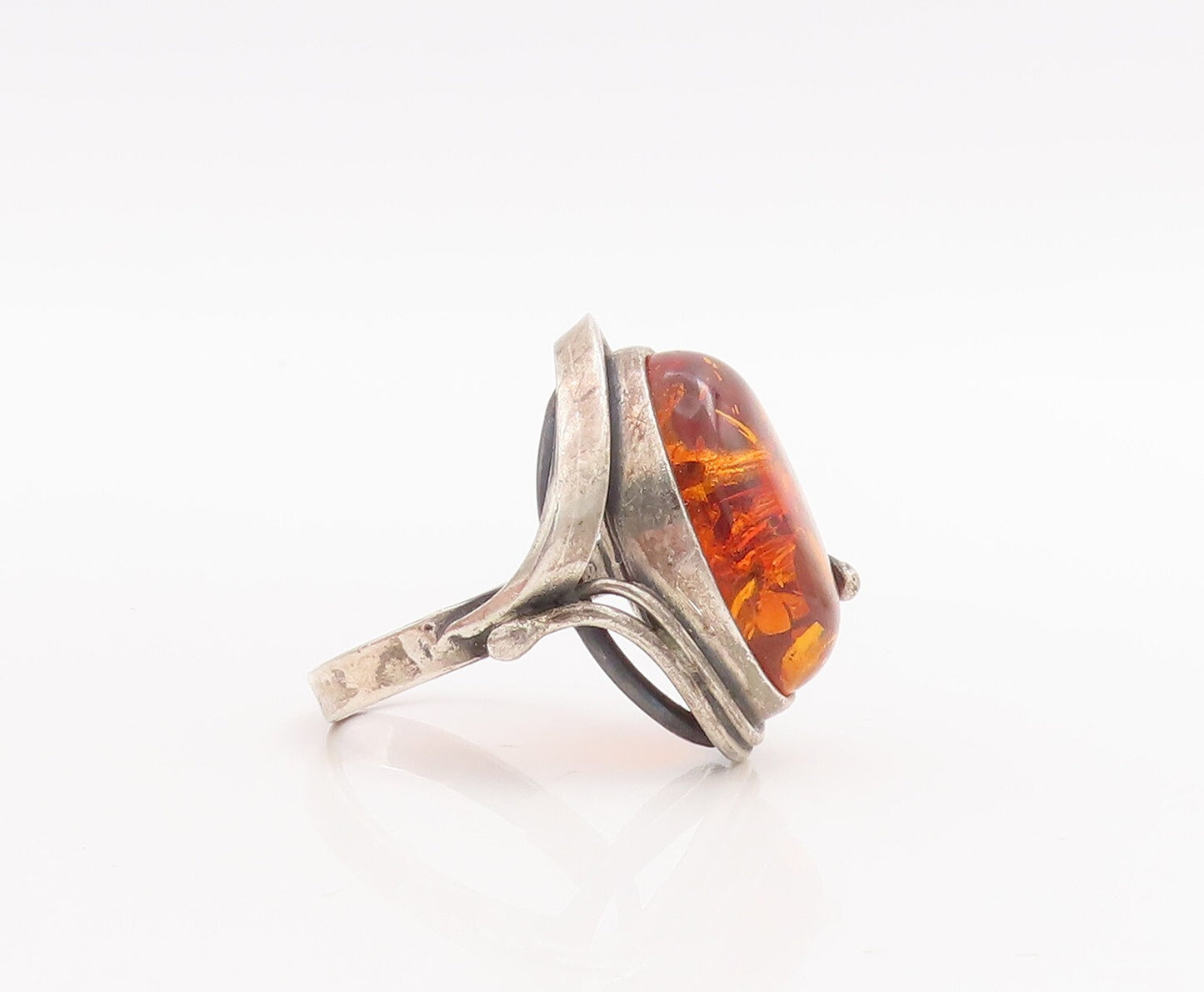 925 Sterling Silver Vintage Ring POLAND Cabochon Honey Amber  Sz 8.5  RG28690