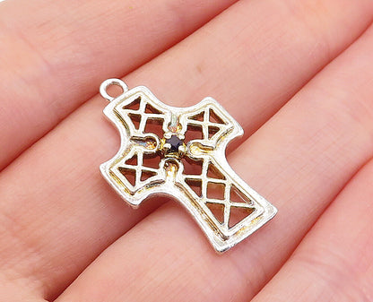 925 Sterling Silver  Vintage Sapphire Shiny Religious Cross Pendant  PT3668
