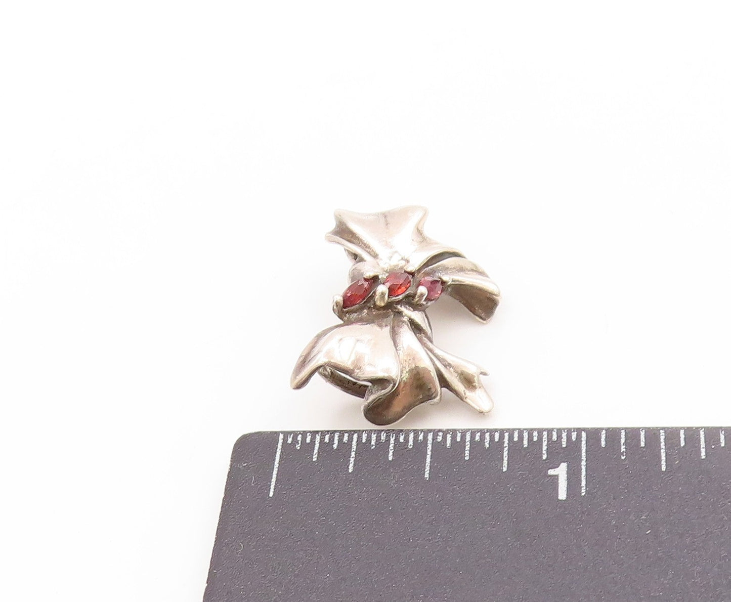 925 Sterling Silver Vintage Pendant Three Stone Garnet Ribbon Bow Charm  PT25033