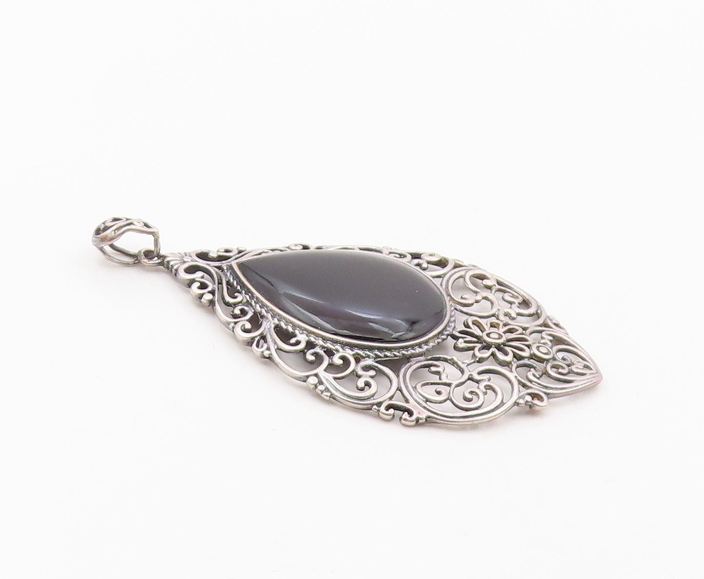 925 Sterling Silver  Vintage Black Onyx Floral Baroque Swirl Pendant  PT15438